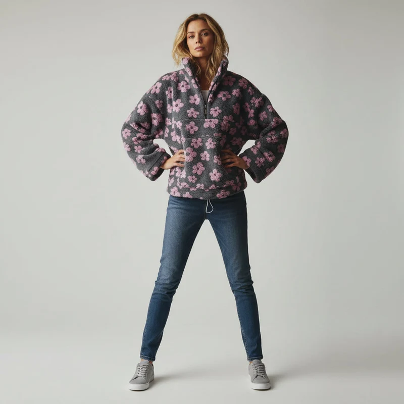 Bunter Oversize Teddy Pullover für Damen mit kurzem Reißverschluss und Stehkragen