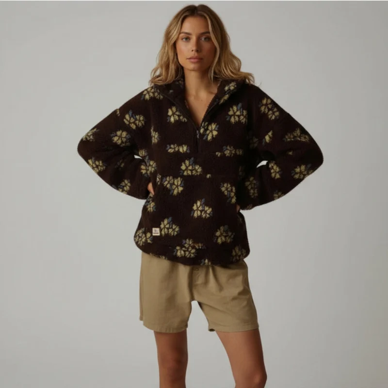 Bunter Oversize Teddy Pullover für Damen mit kurzem Reißverschluss und Stehkragen