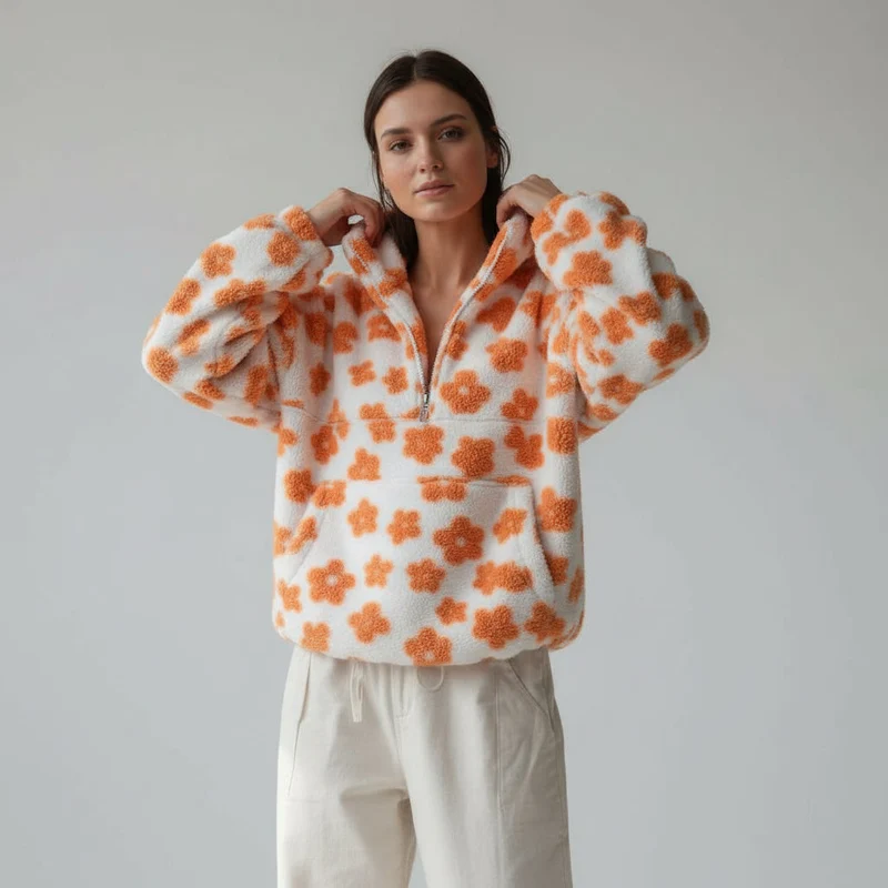 Bunter Oversize Teddy Pullover für Damen mit kurzem Reißverschluss und Stehkragen