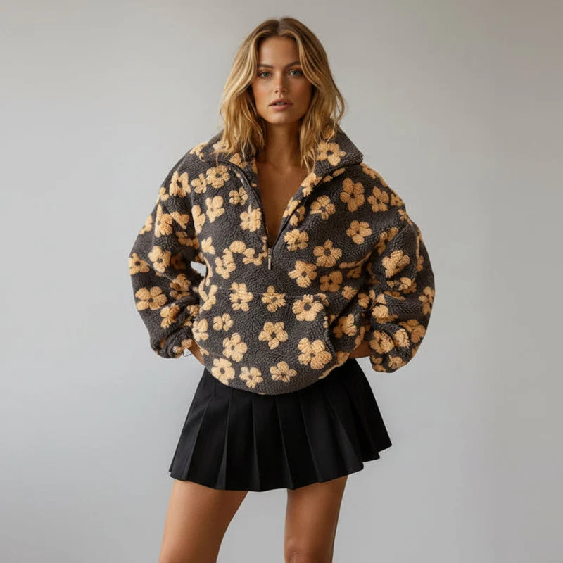 Bunter Oversize Teddy Pullover für Damen mit kurzem Reißverschluss und Stehkragen