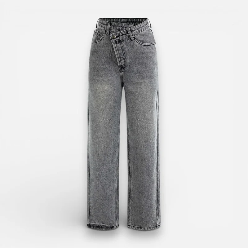 Jeans für Damen mit asymmetrischem Bund und weitem Bein