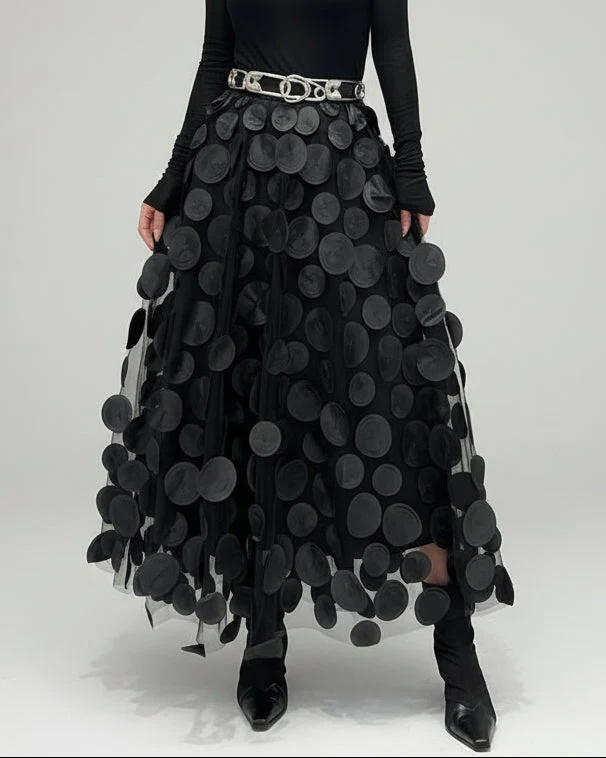 Eleganter Rock mit Polka Dot und Tüll-Patchwork - midi