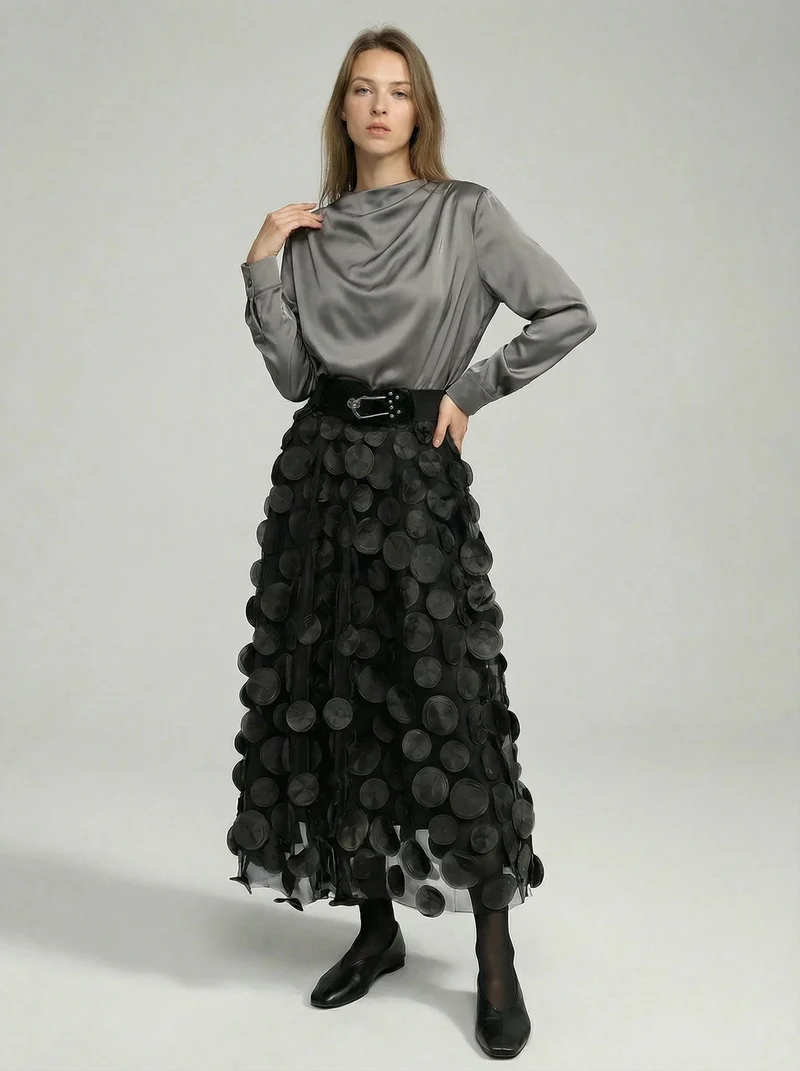 Eleganter Rock mit Polka Dot und Tüll-Patchwork - midi