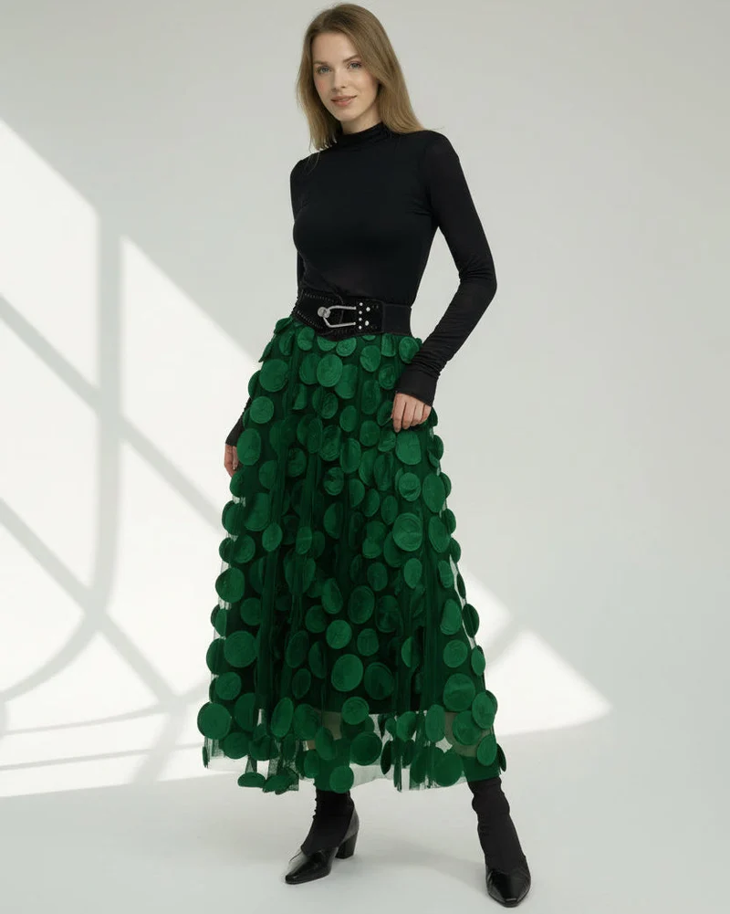 Eleganter Rock mit Polka Dot und Tüll-Patchwork - midi