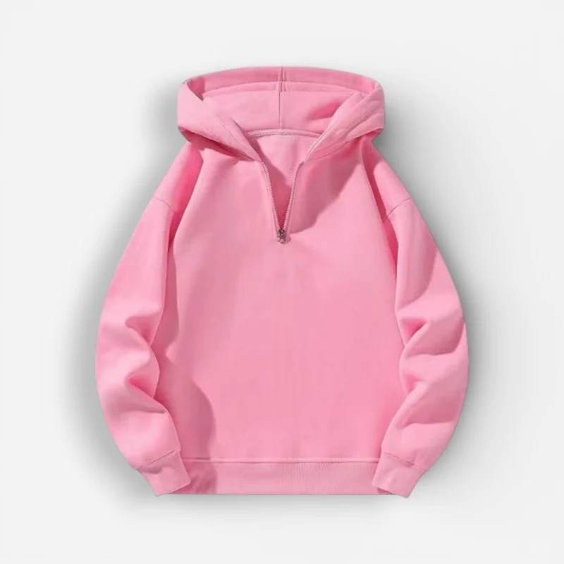 Langarm Fleece Pullover für Damen mit Kurzem Reißverschluss und Kapuze