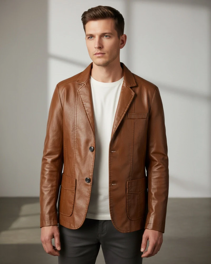 Blazer Jacke für Herren im Lederlook mit Knopfverschluss