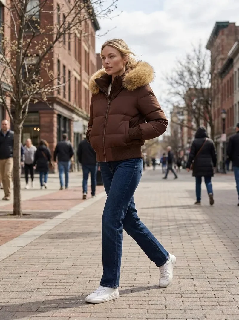 Kurze Jacke für Damen mit hohem Kragen und abnehmbarer Kapuze