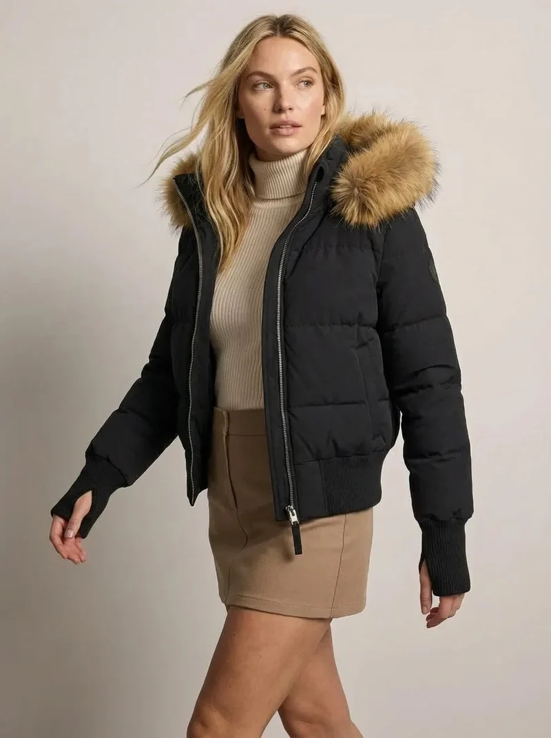 Kurze Jacke für Damen mit hohem Kragen und abnehmbarer Kapuze