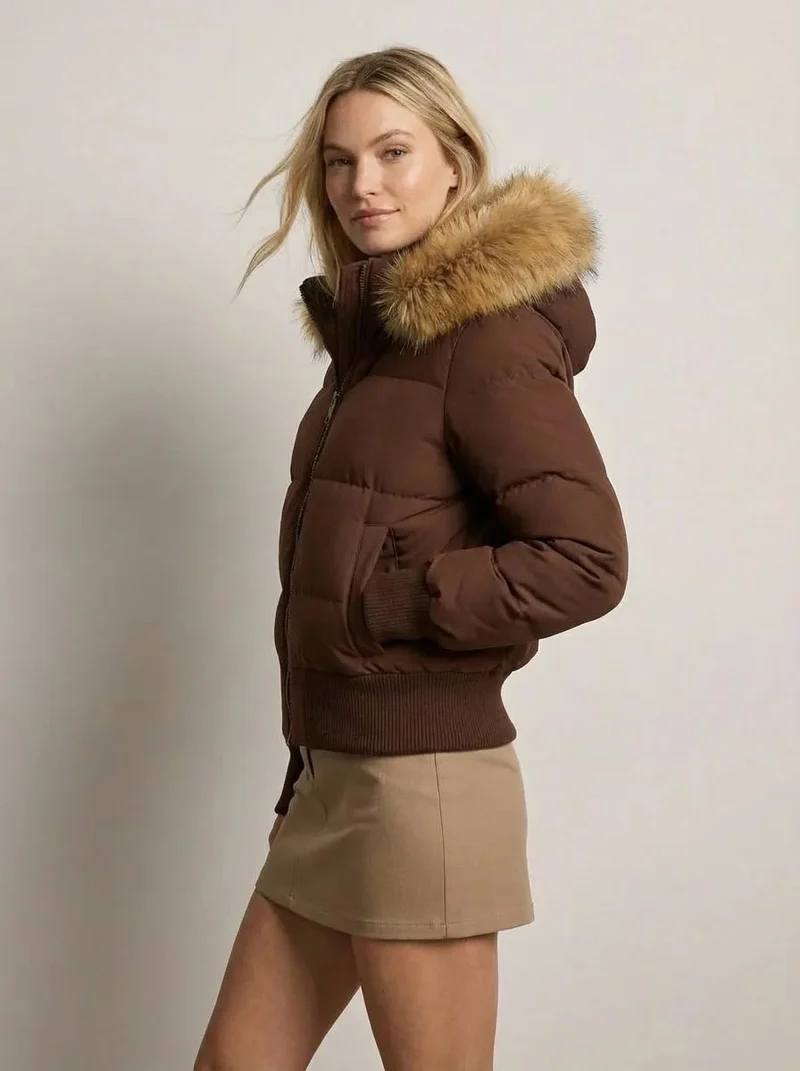 Kurze Jacke für Damen mit hohem Kragen und abnehmbarer Kapuze