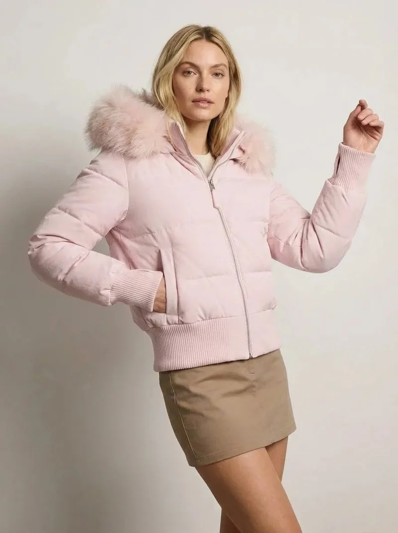 Kurze Jacke für Damen mit hohem Kragen und abnehmbarer Kapuze