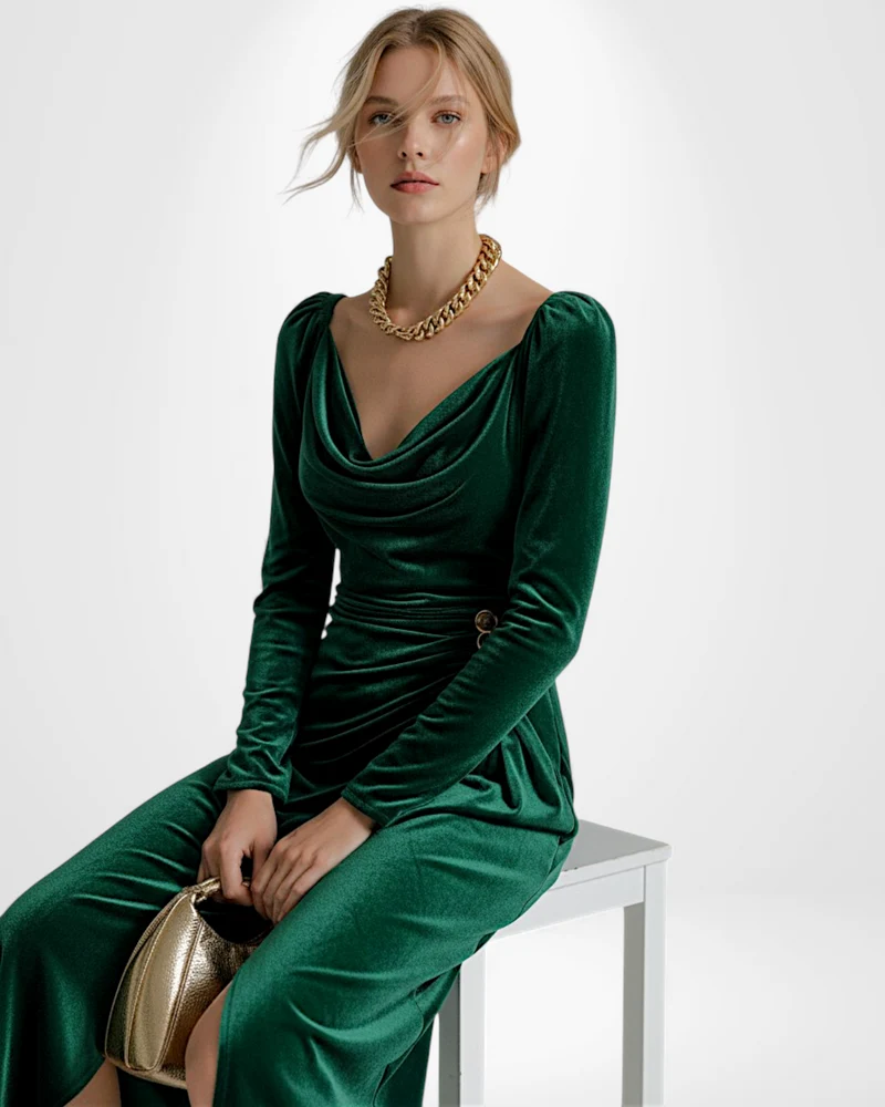 Langarm Samtkleid mit Drapiertem Ausschnitt und Schlitz - Midi