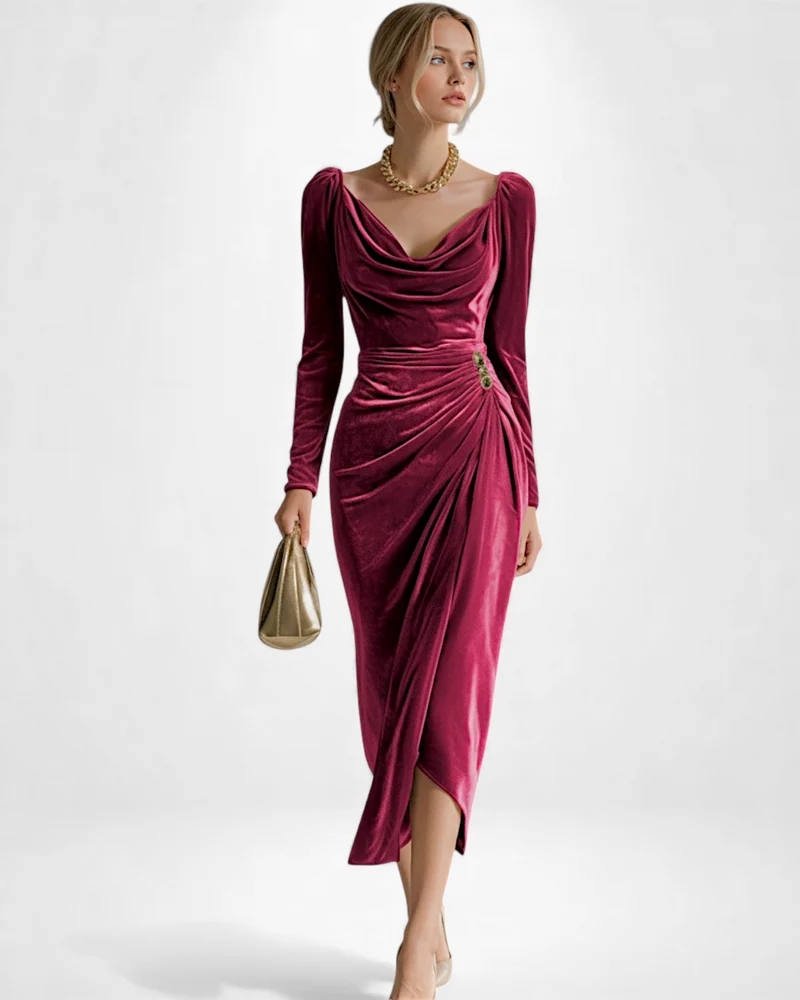 Langarm Samtkleid mit Drapiertem Ausschnitt und Schlitz - Midi