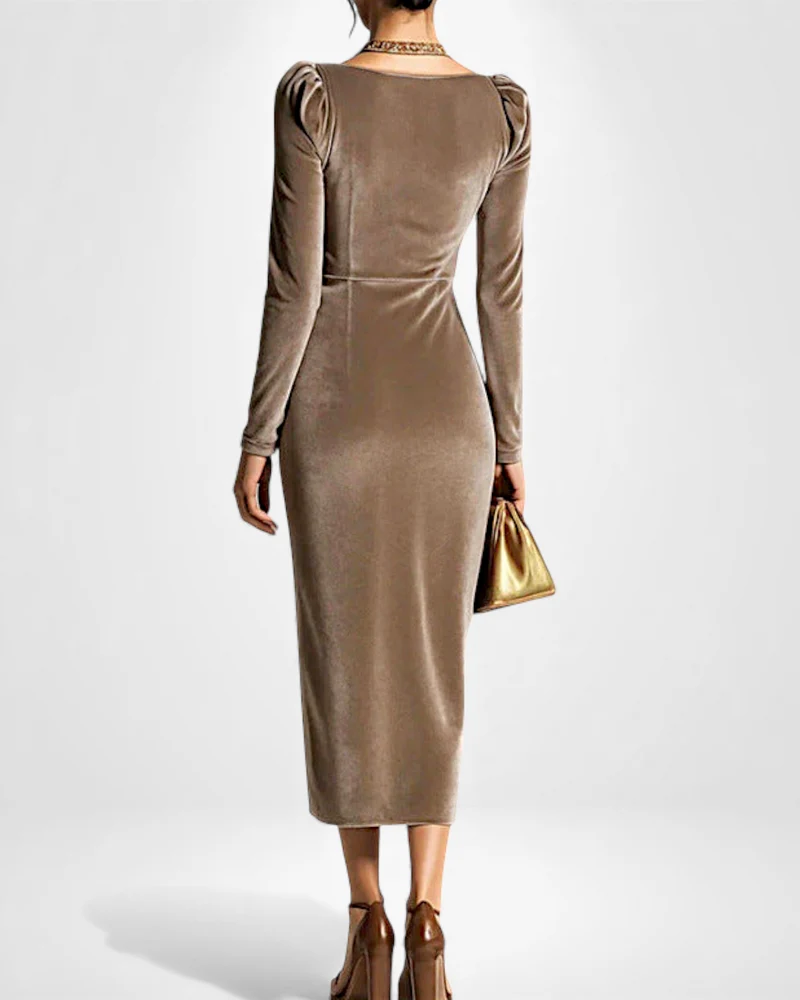 Langarm Samtkleid mit Drapiertem Ausschnitt und Schlitz - Midi