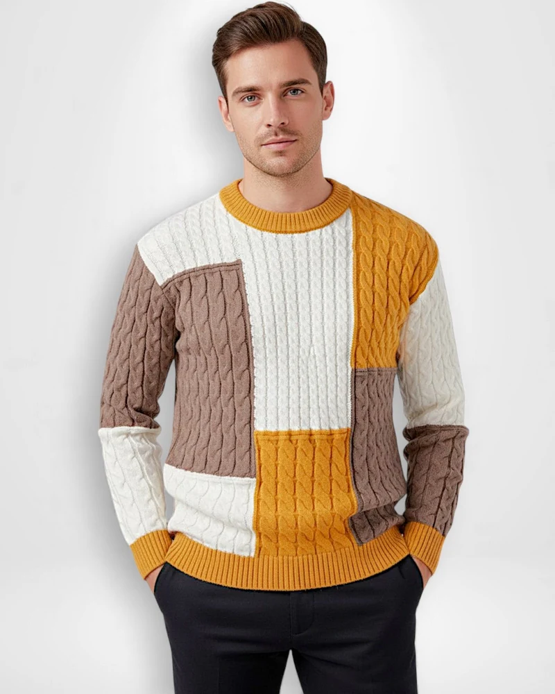 Bunter Herren Strickpullover mit Zopfmuster und Rundhalsausschnitt