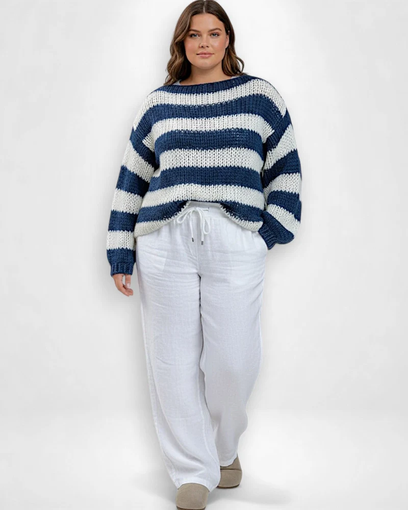 Gestreifter Pullover für Damen mit überschnittenen Schultern und Langarm-Design
