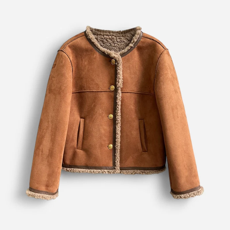 Wildlederjacke für Damen mit Fleecefutter und Rundhalsausschnitt