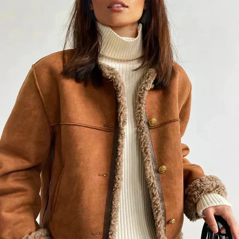 Wildlederjacke für Damen mit Fleecefutter und Rundhalsausschnitt