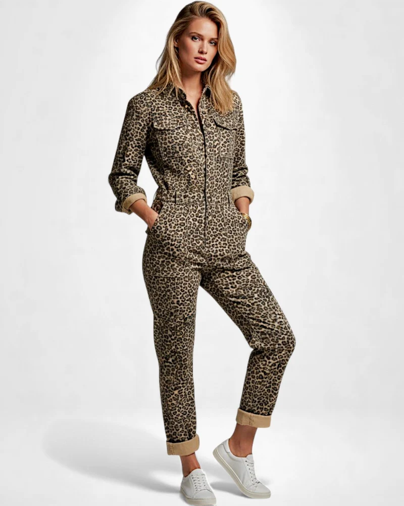 Langarm Jumpsuit für Damen mit Druck und Hemdkragen
