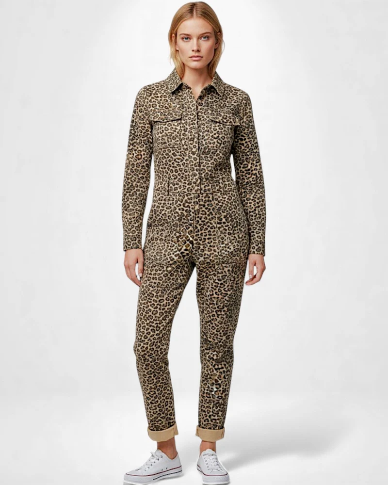 Langarm Jumpsuit für Damen mit Druck und Hemdkragen