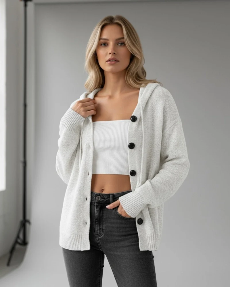 Strickjacke für Damen mit Kapuze und großen schwarzen Knöpfen