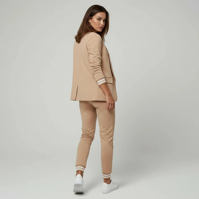 Zweiteiliger Hosenanzug für Damen mit elastischen gestreiften Bündchen an Blazer und Hose