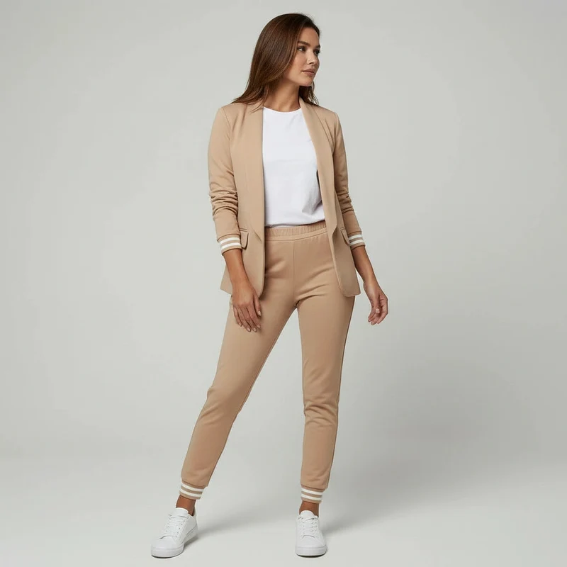 Zweiteiliger Hosenanzug für Damen mit elastischen gestreiften Bündchen an Blazer und Hose