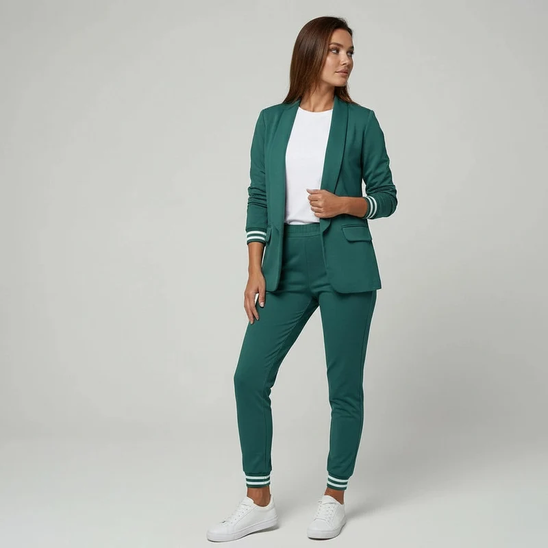 Zweiteiliger Hosenanzug für Damen mit elastischen gestreiften Bündchen an Blazer und Hose