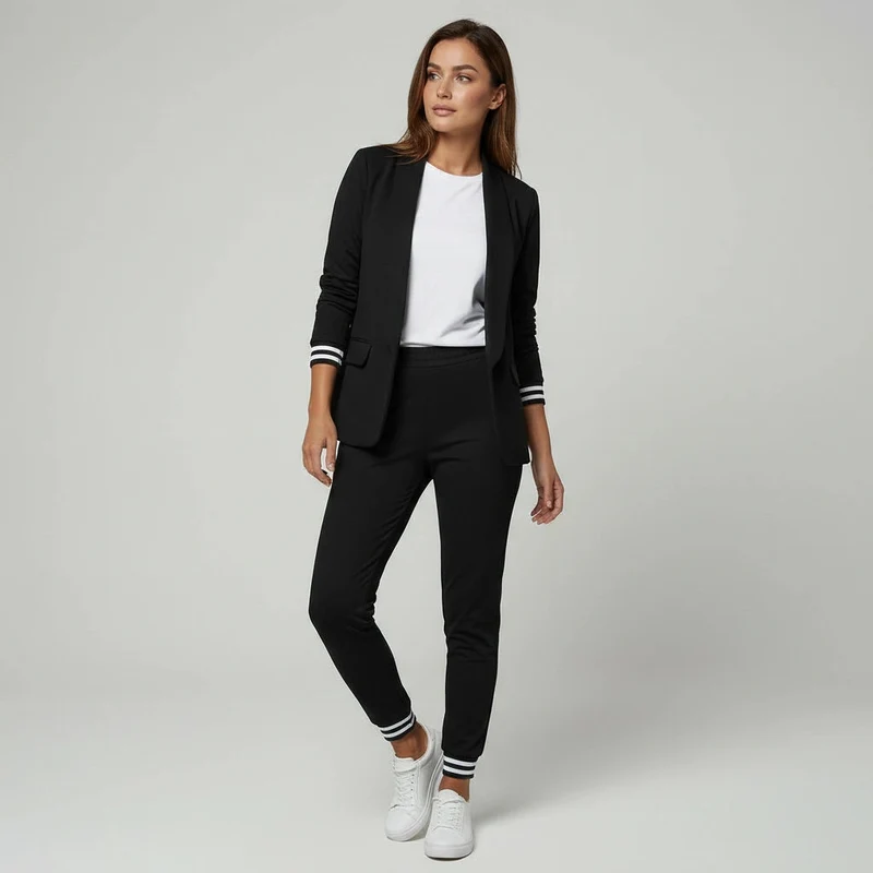 Zweiteiliger Hosenanzug für Damen mit elastischen gestreiften Bündchen an Blazer und Hose