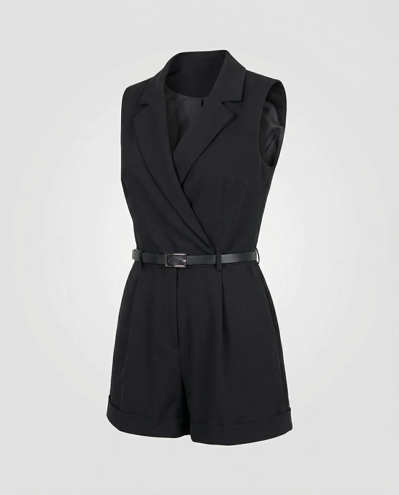 Eleganter ärmelloser Jumpsuit mit Reverskragen und Gürtel für Damen