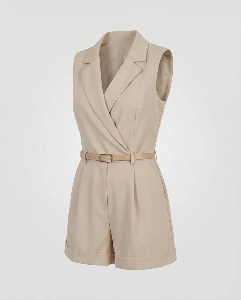 Eleganter ärmelloser Jumpsuit mit Reverskragen und Gürtel für Damen