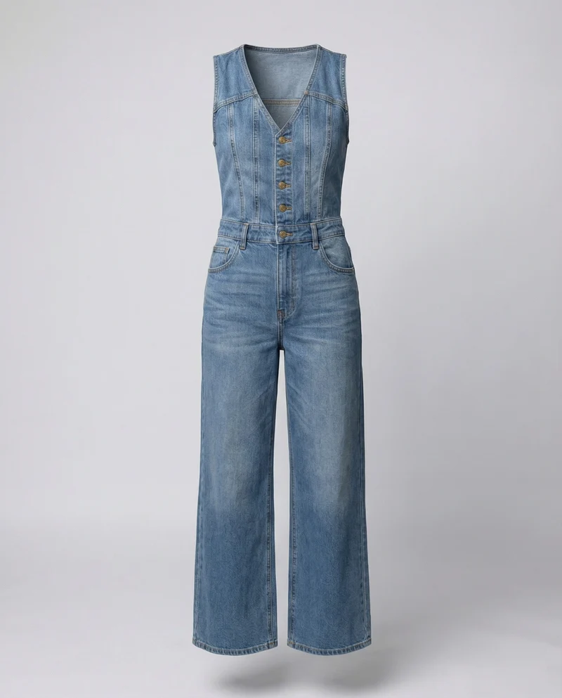Damen Jeans Jumpsuit im ärmellosen Schnitt mit weitem Bein