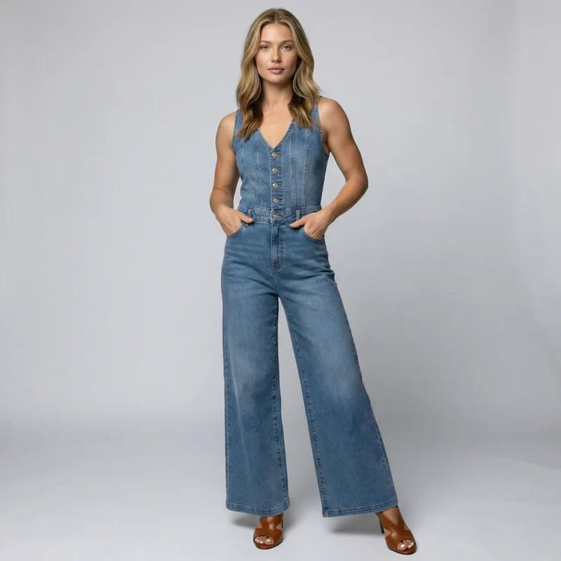 Damen Jeans Jumpsuit im ärmellosen Schnitt mit weitem Bein