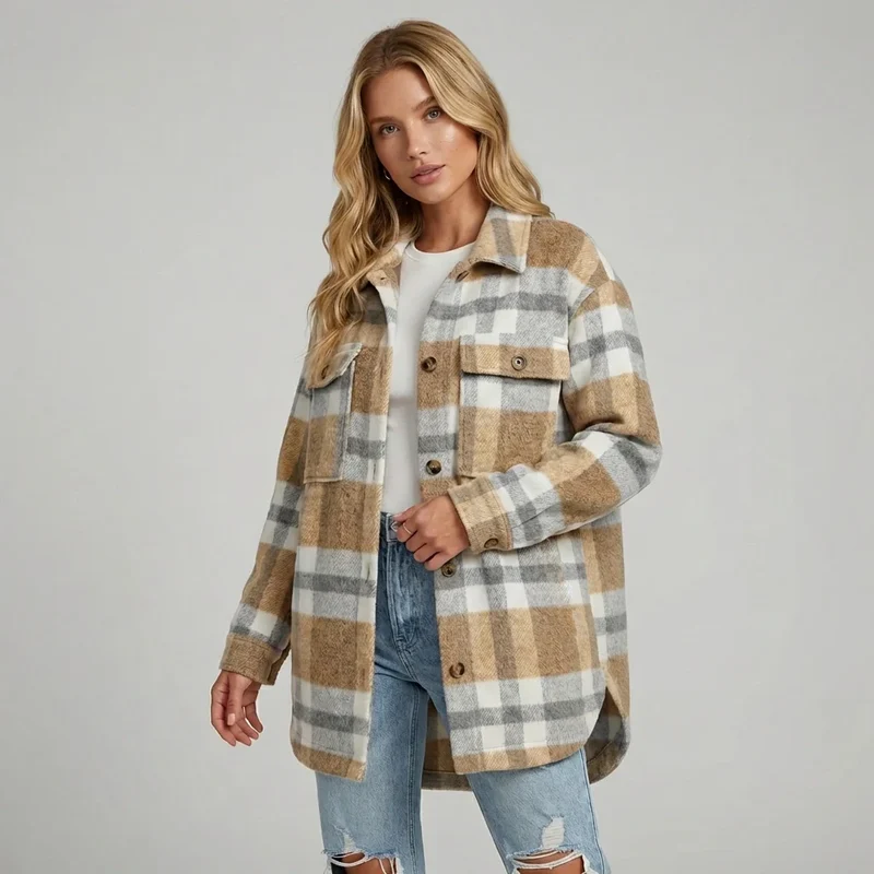 Lange Hemd Jacke im Karierten Design mit Brusttaschen im Oversized Schnitt