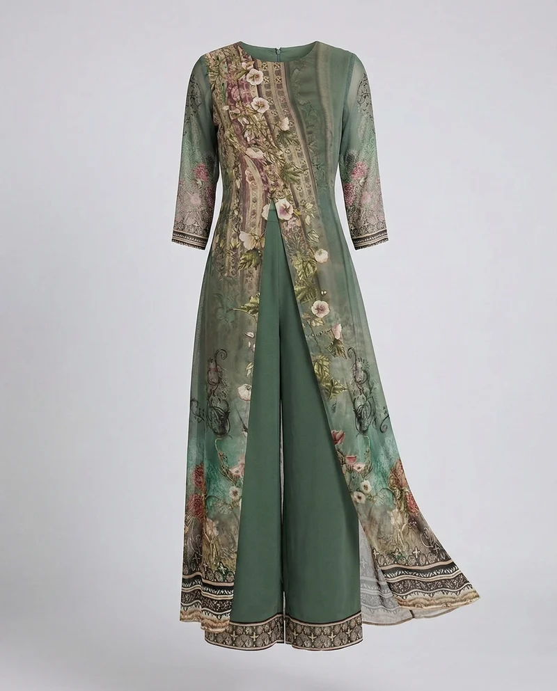 Weites Jumpsuit Set mit Rundhalsausschnitt und Langer Offener Tunika