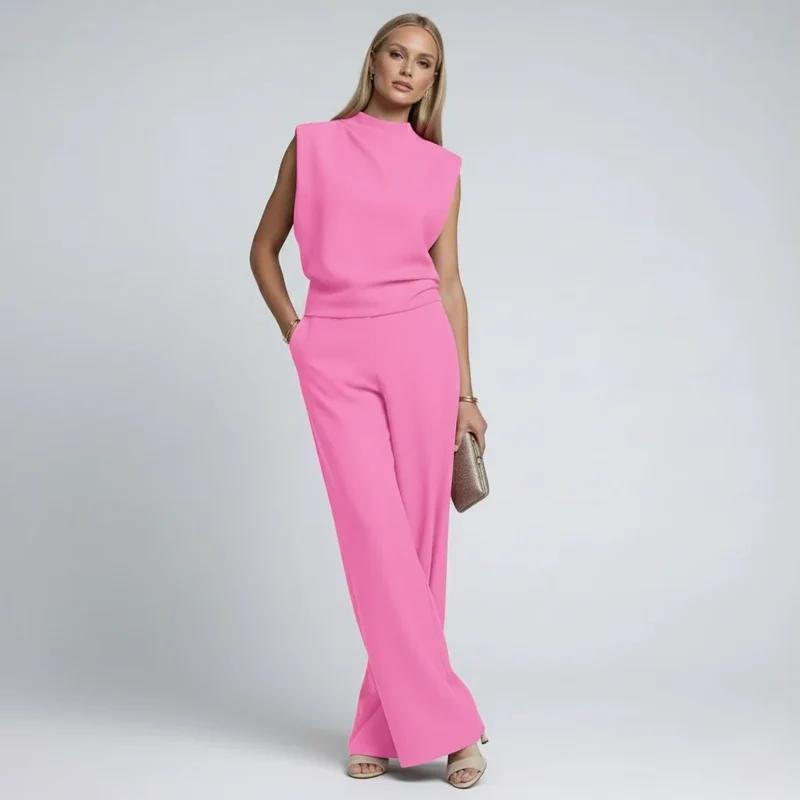 Weites Set im Jumpsuit Design mit Kurzarm Oberteil und Hohem Kragen
