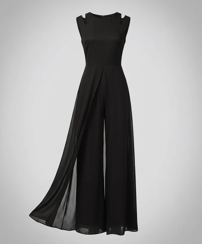 Ärmelloser Jumpsuit mit weitem Bein und fließendem Chiffon Überwurf im eleganten Schnitt