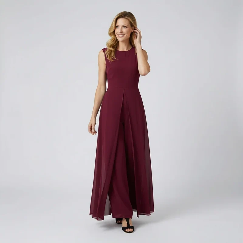 Ärmelloser Jumpsuit mit weitem Bein und fließendem Chiffon Überwurf im eleganten Schnitt