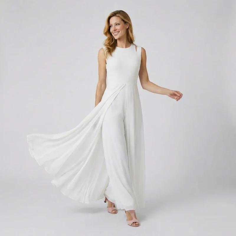 Ärmelloser Jumpsuit mit weitem Bein und fließendem Chiffon Überwurf im eleganten Schnitt