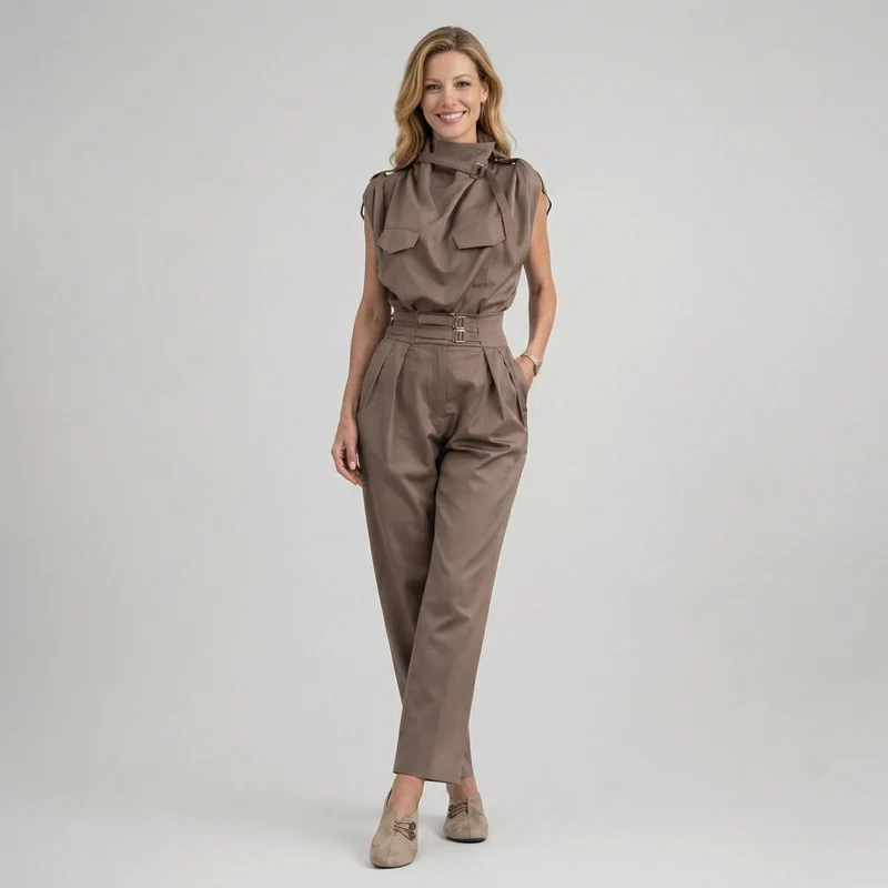 Tailliertes Damen Set aus ärmellosem Top und Hose mit hoher Taille im Jumpsuit Look