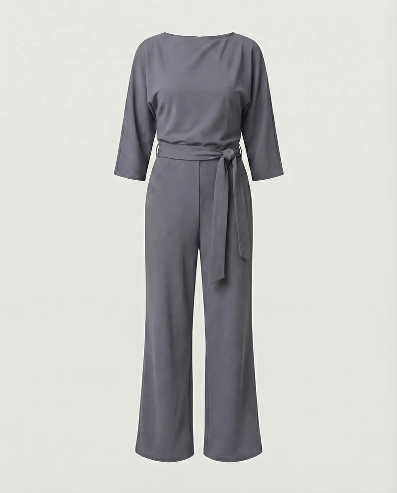 Jumpsuit für Damen mit Bindegürtel und Bootausschnitt in weiter Beinform