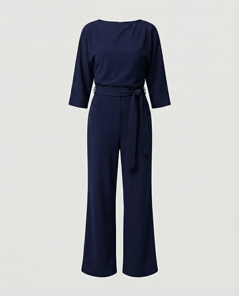 Jumpsuit für Damen mit Bindegürtel und Bootausschnitt in weiter Beinform
