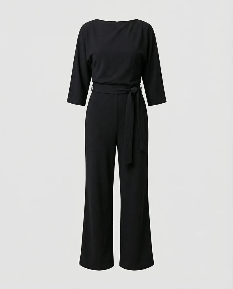 Jumpsuit für Damen mit Bindegürtel und Bootausschnitt in weiter Beinform