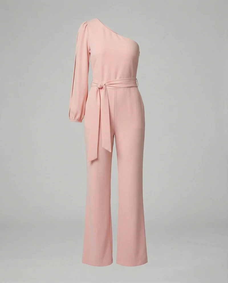 Eleganter Damen Jumpsuit im One Shoulder Schnitt mit Bindegürtel und weitem Bein
