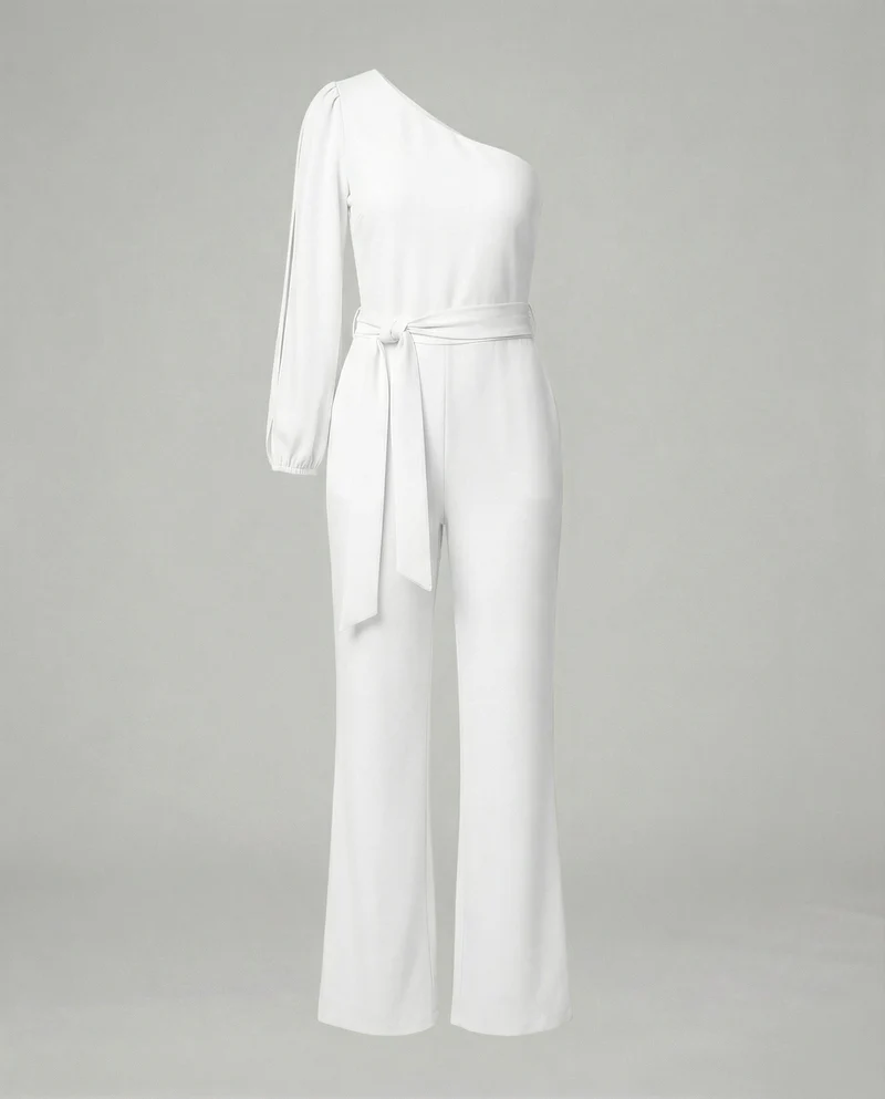 Eleganter Damen Jumpsuit im One Shoulder Schnitt mit Bindegürtel und weitem Bein
