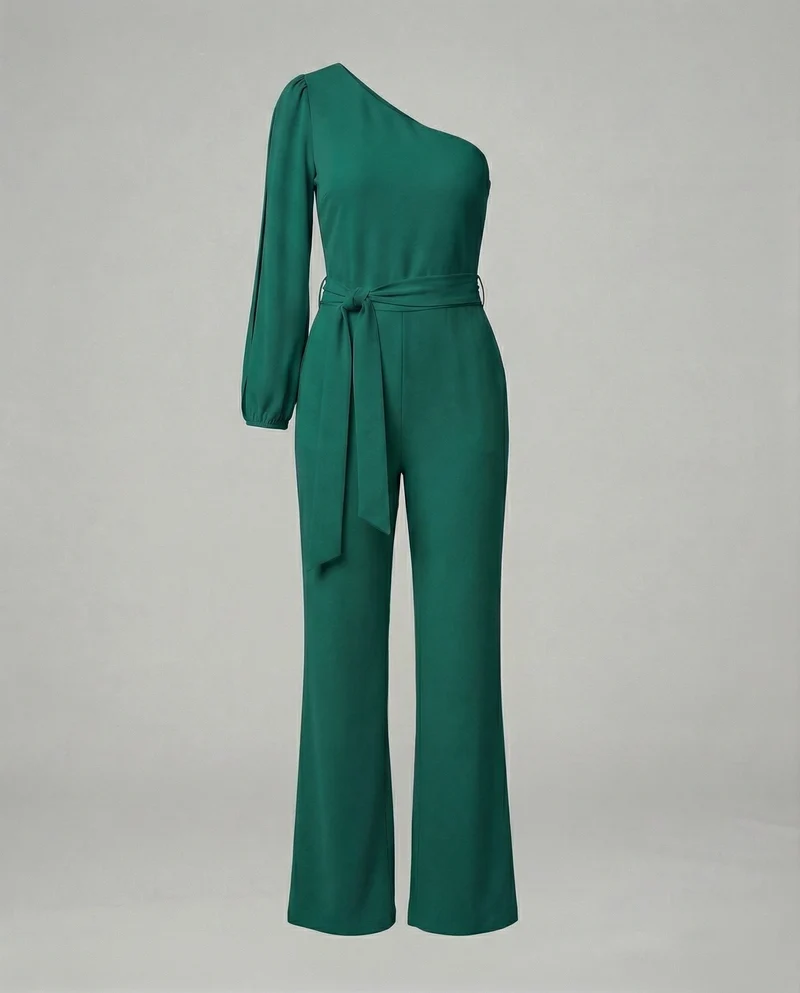 Eleganter Damen Jumpsuit im One Shoulder Schnitt mit Bindegürtel und weitem Bein