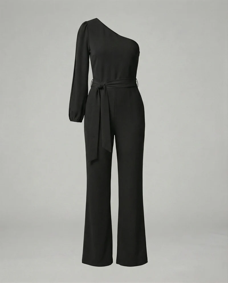 Eleganter Damen Jumpsuit im One Shoulder Schnitt mit Bindegürtel und weitem Bein