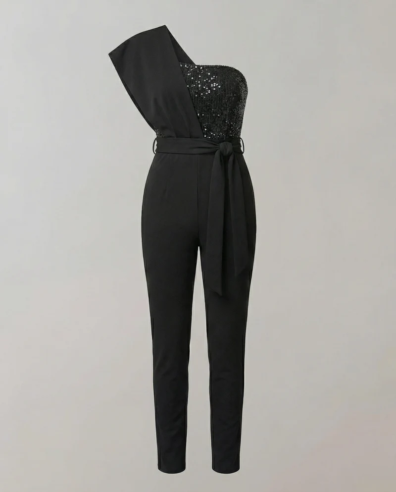 Eleganter Damen Jumpsuit im One Shoulder Schnitt mit Bindegürtel und weitem Bein