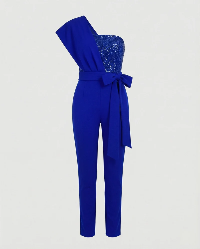 Eleganter Damen Jumpsuit im One Shoulder Schnitt mit Bindegürtel und weitem Bein