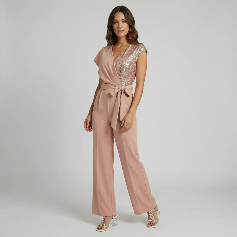 Eleganter Damen Jumpsuit im One Shoulder Schnitt mit Bindegürtel und weitem Bein