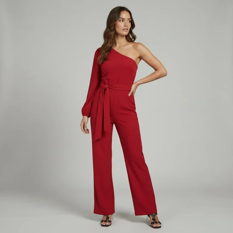 Eleganter Damen Jumpsuit im One Shoulder Schnitt mit Bindegürtel und weitem Bein